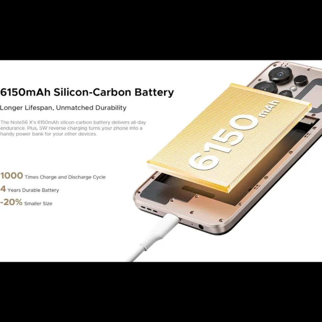 Batería de silicio-carbono 6150 mAh destacada sobre smartphone dorado, promueve larga duración, carga reversible, ciclo de 1000 cargas y tamaño -20%