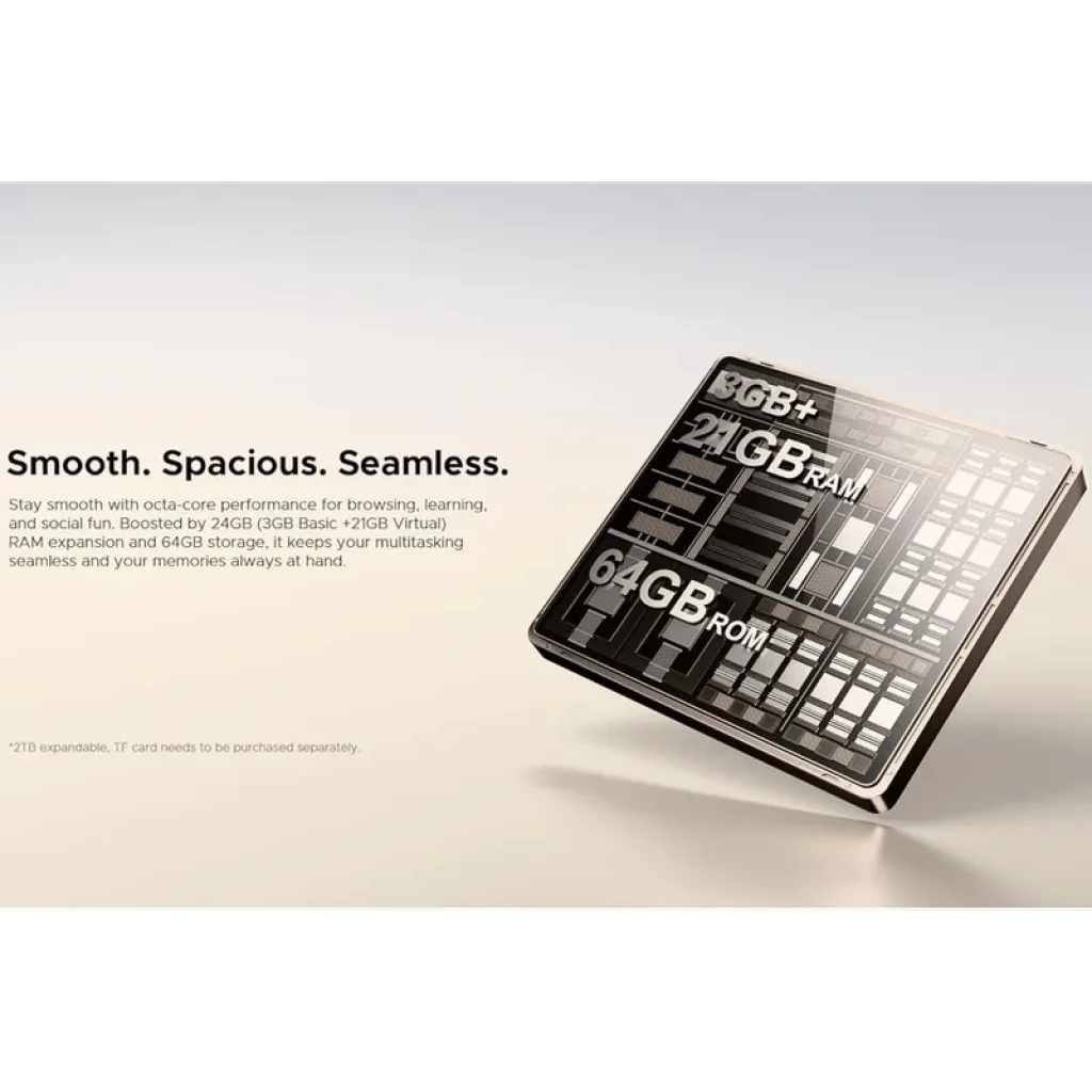 Módulo de memoria del Doogee Note 56X en dorado con 8GB RAM ampliables y 64GB ROM, diseño metálico brillante y texto técnico grabado en la superficie