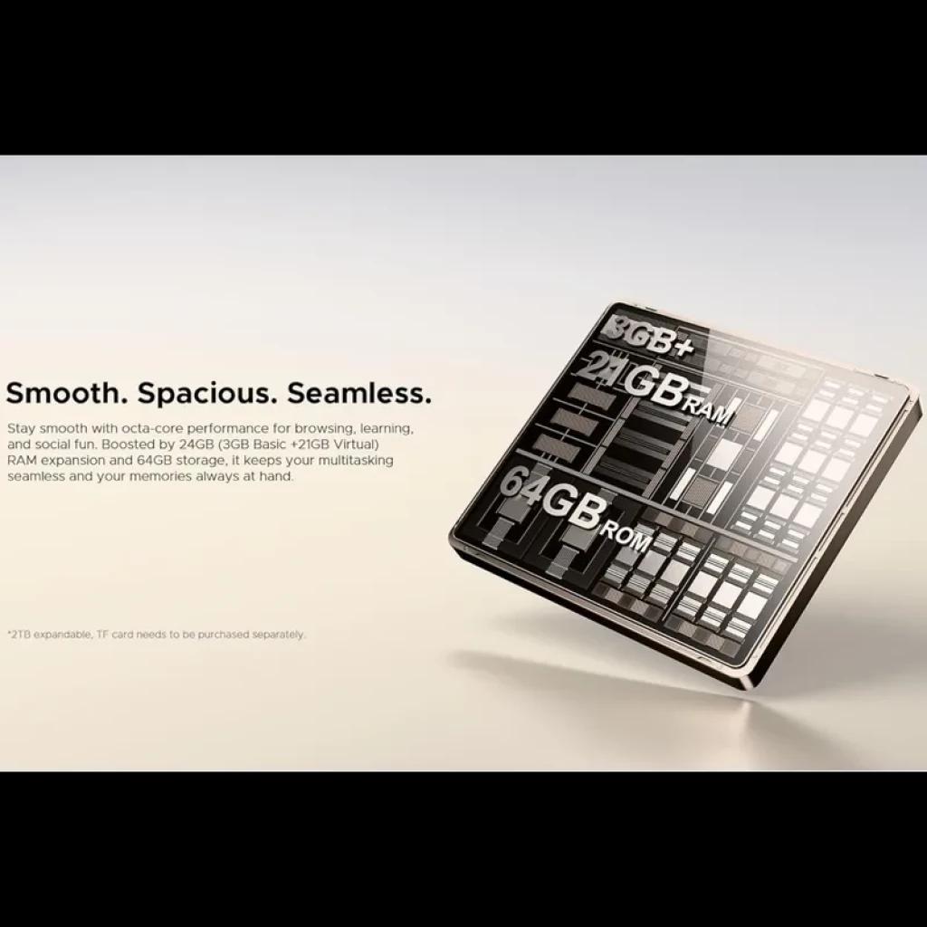 Módulo de memoria del Doogee Note 56X en dorado con 8GB RAM ampliables y 64GB ROM, diseño metálico brillante y texto técnico grabado en la superficie