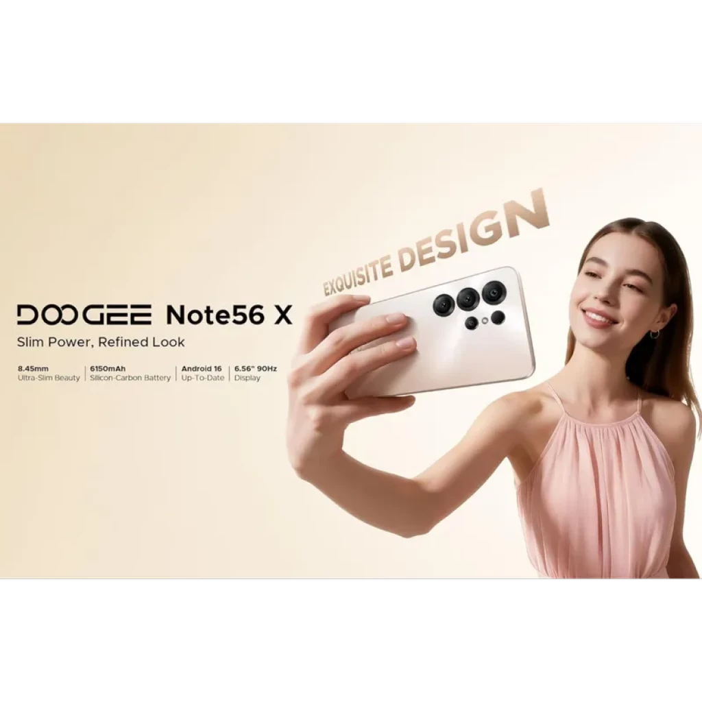 Smartphone Doogee Note 56X dorado con pantalla 6,56 pulgadas, diseño delgado, módulo trasero de múltiples cámaras y acabado elegante brillante