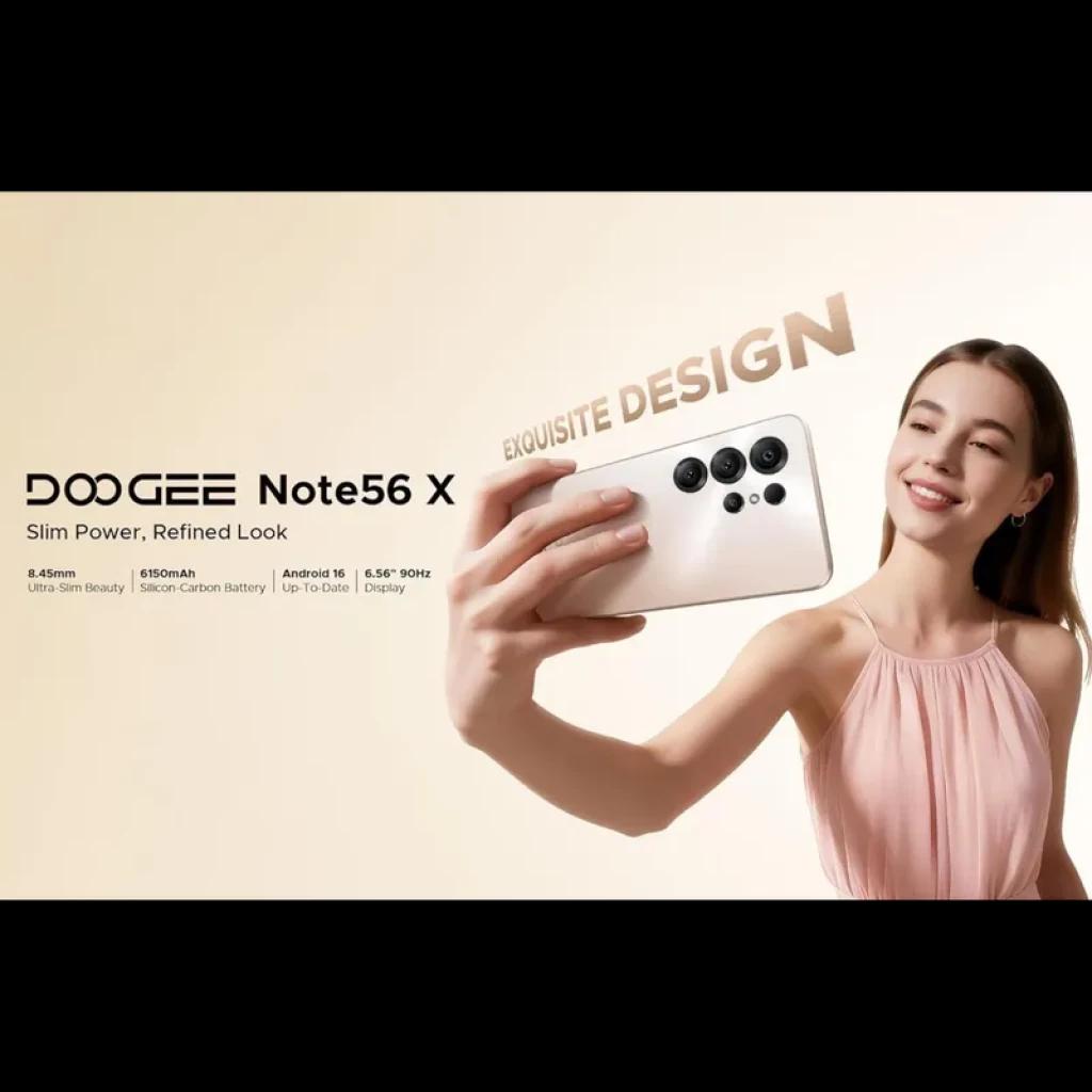 Smartphone Doogee Note 56X dorado con pantalla 6,56 pulgadas, diseño delgado, módulo trasero de múltiples cámaras y acabado elegante brillante