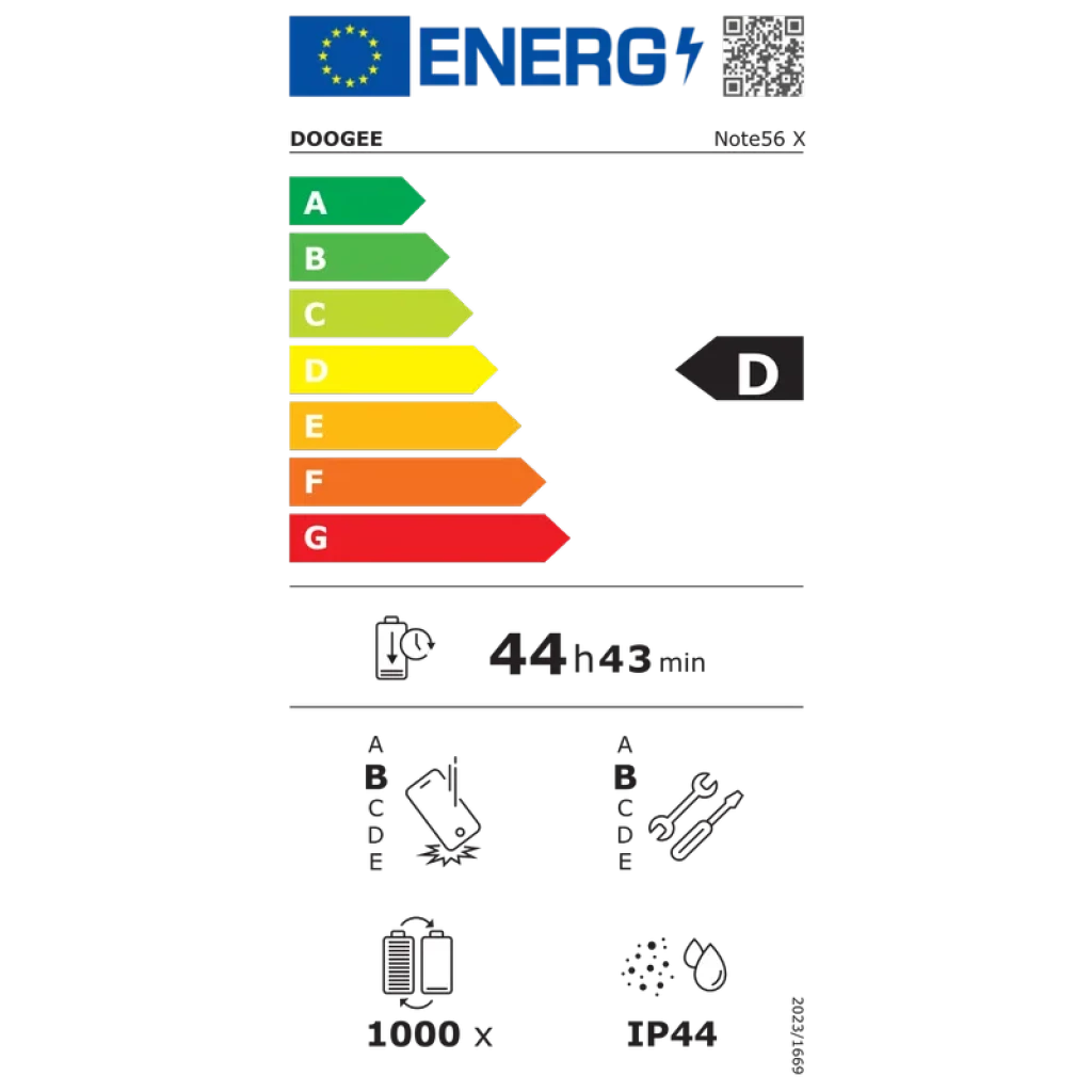 Etiqueta energética del Doogee Note 56X dorado: clase D, autonomía estimada 44 h 43 min, resistencia IP44 y batería con 1000 ciclos aprox.