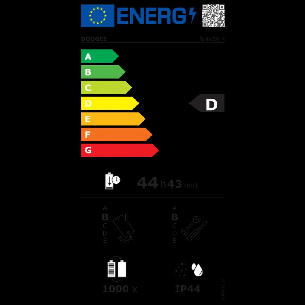 Etiqueta energética del Doogee Note 56X dorado: clase D, autonomía estimada 44 h 43 min, resistencia IP44 y batería con 1000 ciclos aprox.