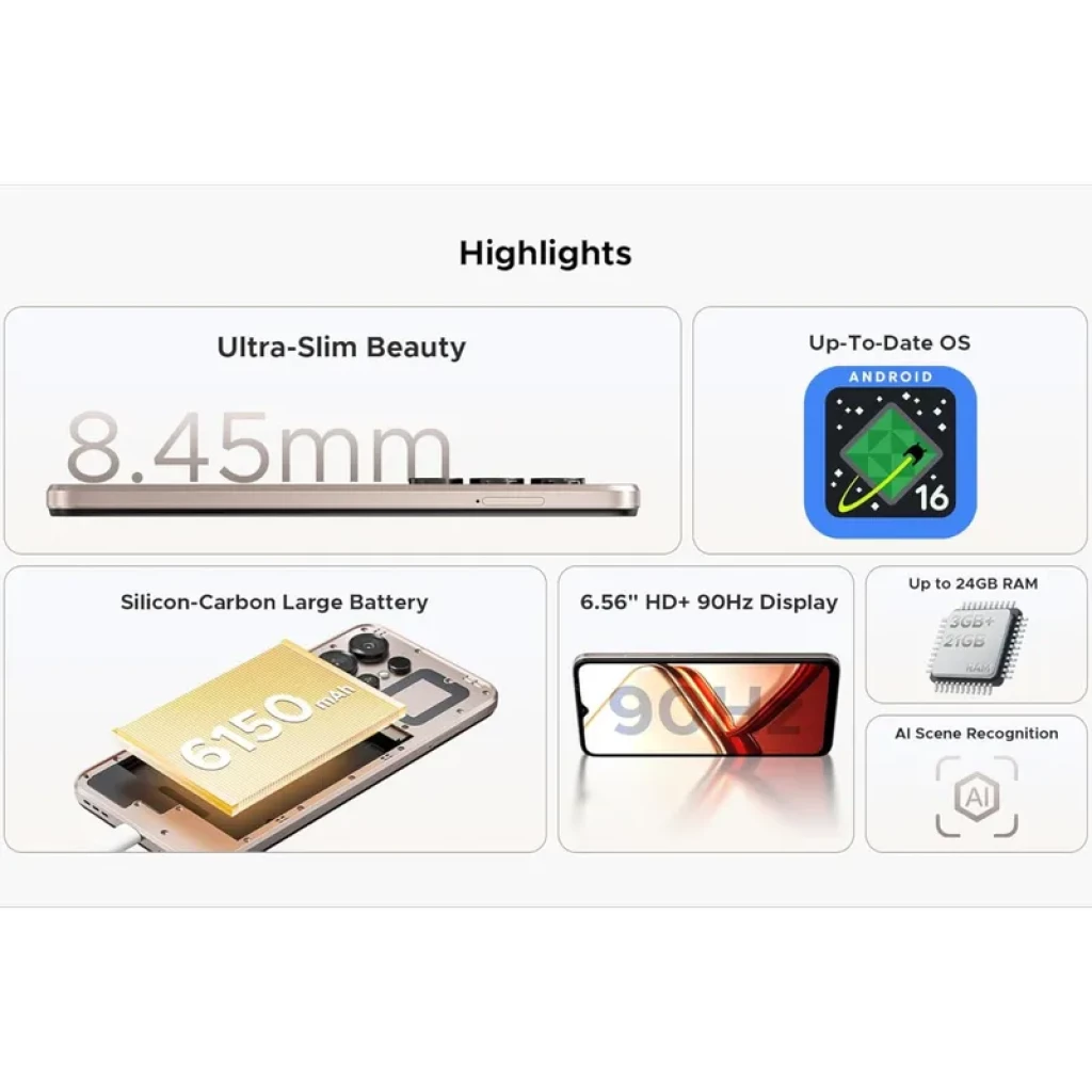 Doogee Note 56X dorado ultradelgado 8.45 mm con pantalla 6.56 HD+ 90 Hz, batería 6150 mAh, Android 16, hasta 24 GB RAM y reconocimiento AI