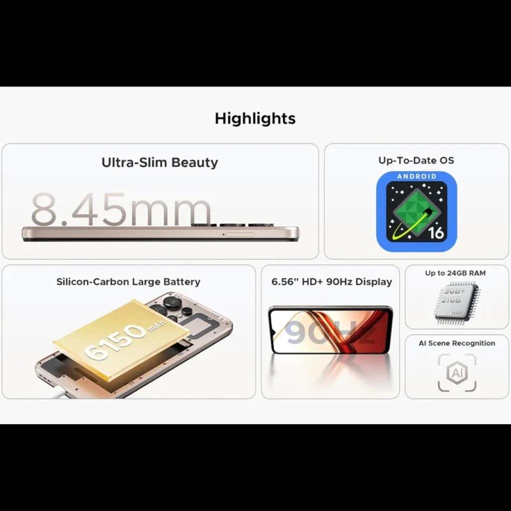 Doogee Note 56X dorado ultradelgado 8.45 mm con pantalla 6.56 HD+ 90 Hz, batería 6150 mAh, Android 16, hasta 24 GB RAM y reconocimiento AI