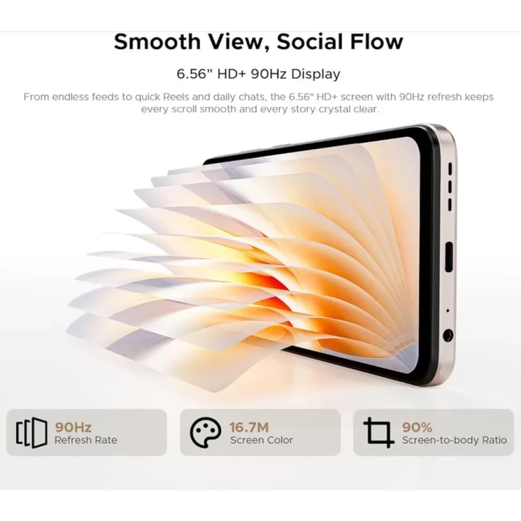 Pantalla 6,56 HD+ con bordes finos y refresco 90 Hz, colores vivos 16,7 M y 90 por ciento de relación pantalla-cuerpo en acabado dorado del Doogee Note 56X