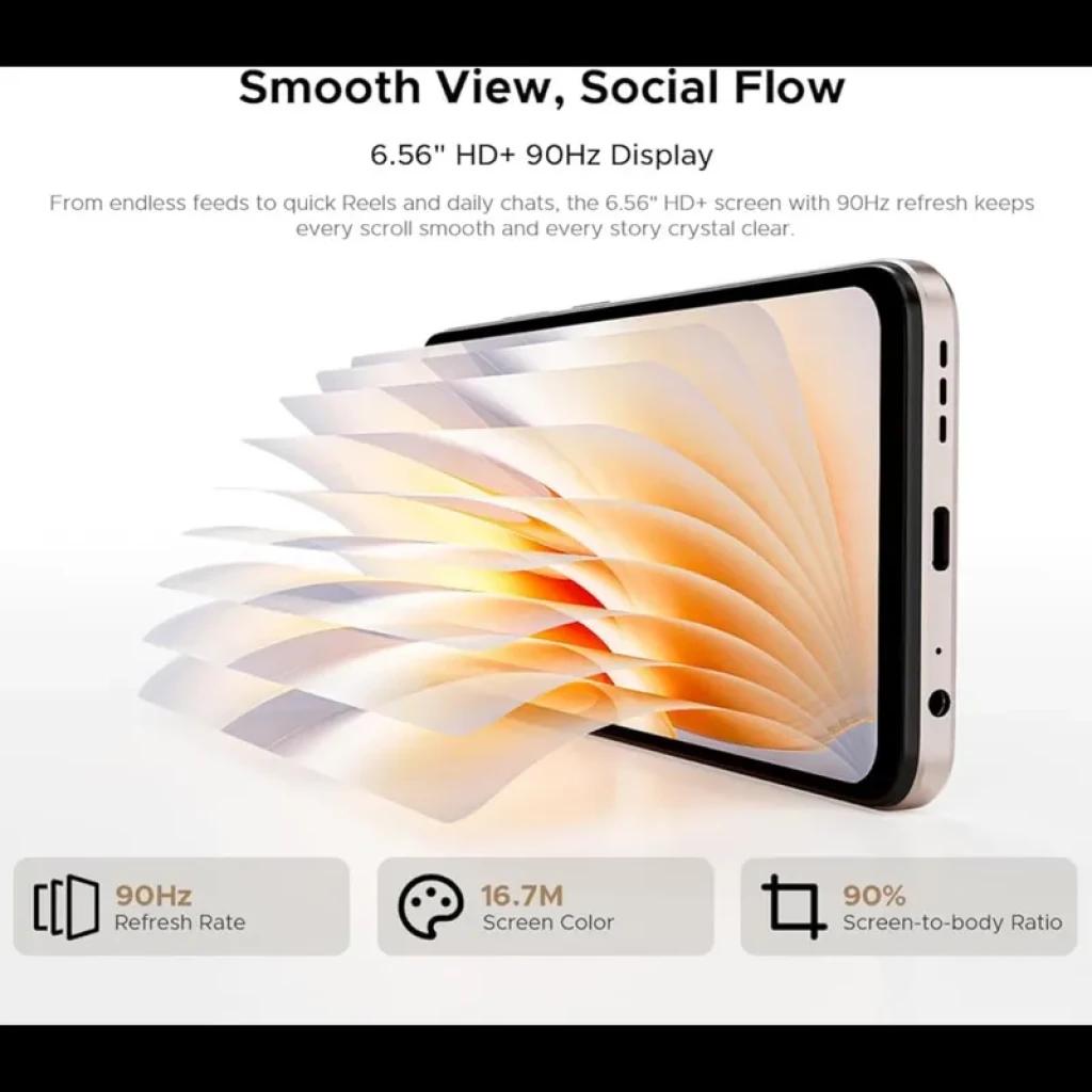 Pantalla 6,56 HD+ con bordes finos y refresco 90 Hz, colores vivos 16,7 M y 90 por ciento de relación pantalla-cuerpo en acabado dorado del Doogee Note 56X