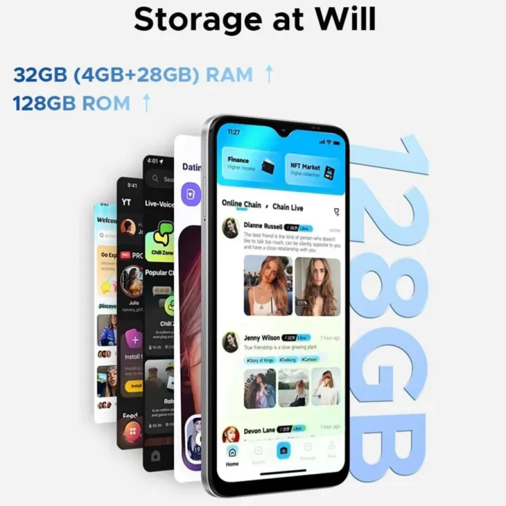 Doogee Note 56X PRO dourado com tela grande, bordas finas, notch em gota, interface colorida e destaque para 128 GB de armazenamento e 4 GB de RAM