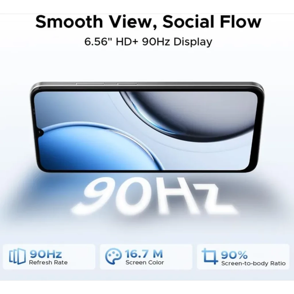 Tela 6,56 HD com taxa de atualização de 90 Hz, bordas finas e notch em gota; 90 por cento de aproveitamento e 16,7 milhões de cores