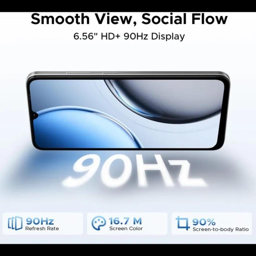 Tela 6,56 HD com taxa de atualização de 90 Hz, bordas finas e notch em gota; 90 por cento de aproveitamento e 16,7 milhões de cores