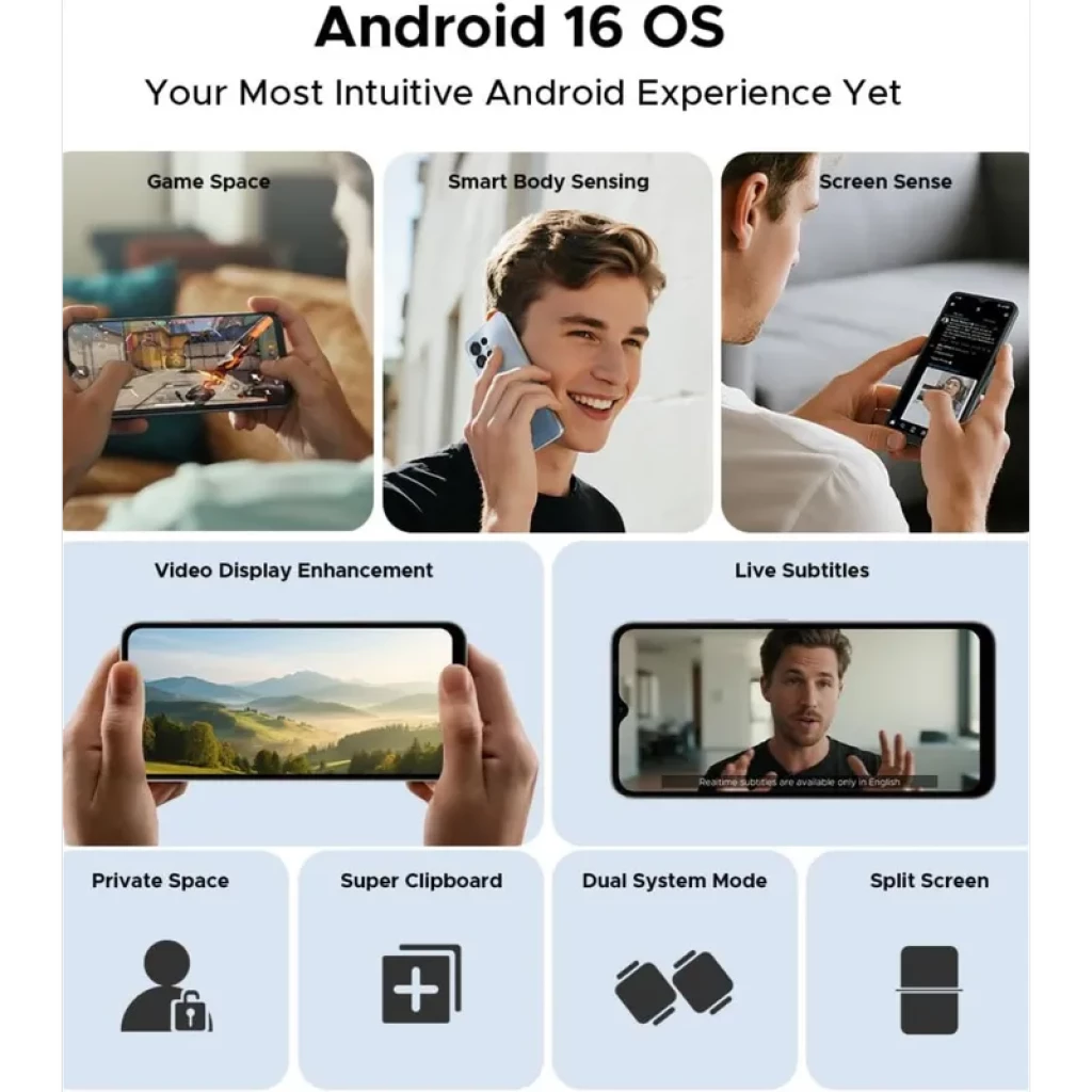 Tela grande com Android 16 OS, modo jogo, detecção inteligente, gestos na tela, melhorias de vídeo, legendas ao vivo, espaço privado, área de