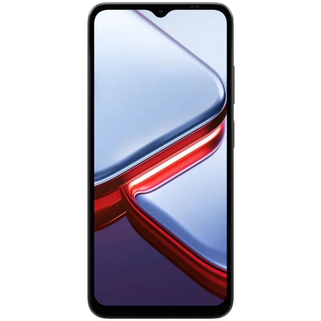 Tela do Doogee Note 56X PRO com display amplo de bordas finas, notch em gota central e reflexos metálicos prateado e vermelho destacando o design frontal