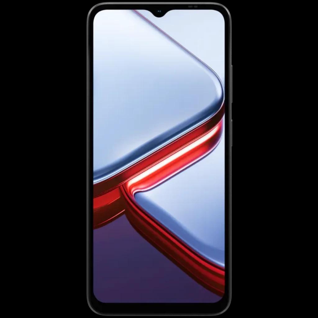 Tela do Doogee Note 56X PRO com display amplo de bordas finas, notch em gota central e reflexos metálicos prateado e vermelho destacando o design frontal