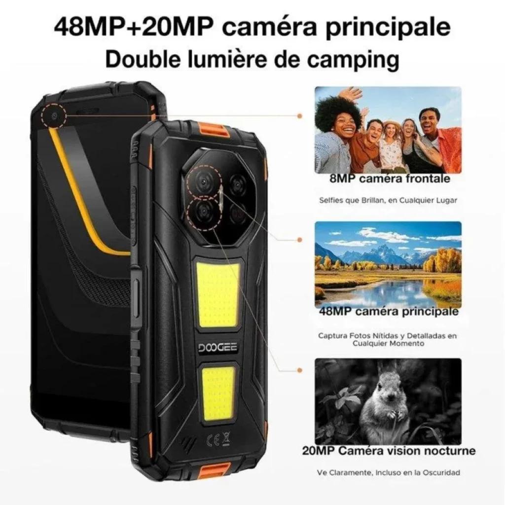 Doogee Fire 3 Max 256GB gris robusto con triple cámara 48MP+20MP+20MP nocturna, frontal 8MP, cuerpo rugerizado negro con detalles naranjas y luz LED trasera
