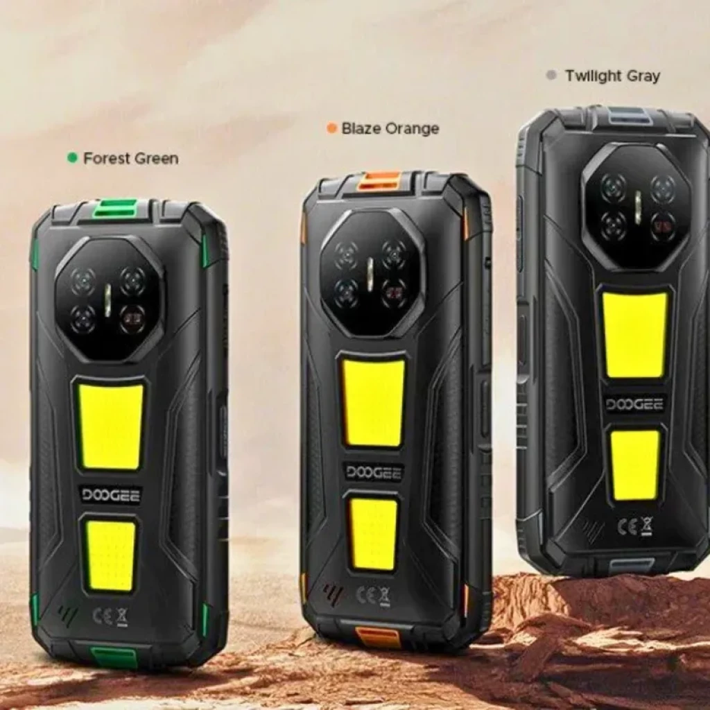 Doogee Fire 3 Max 256GB gris robusto: trasera negra con detalles amarillos, triple cámara en módulo hexagonal, bordes reforzados y diseño todoterreno