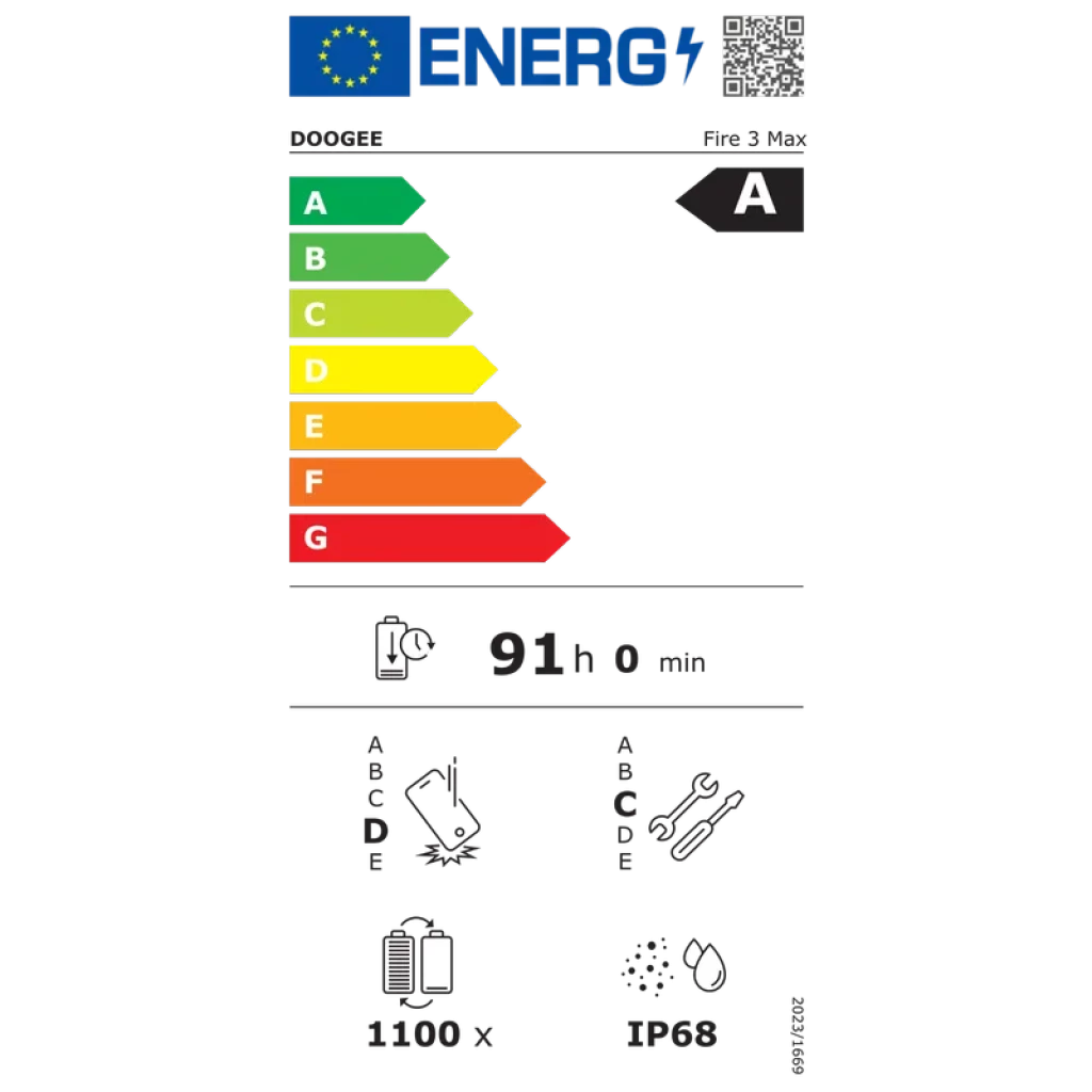 Etiqueta energética del Doogee Fire 3 Max con calificación A, 91 h de autonomía, batería 8350 mAh, resistencia IP68 y pictogramas de eficiencia y