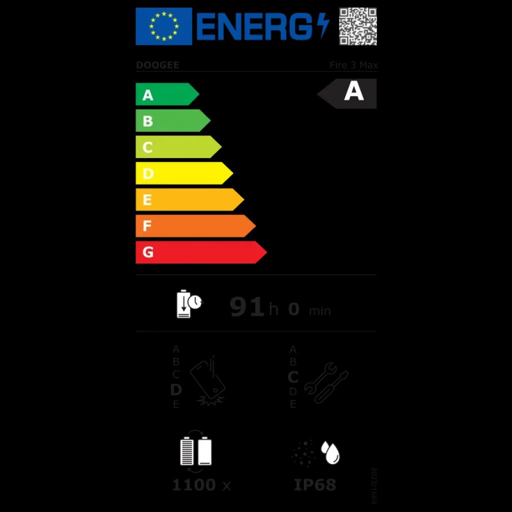 Etiqueta energética del Doogee Fire 3 Max con calificación A, 91 h de autonomía, batería 8350 mAh, resistencia IP68 y pictogramas de eficiencia y