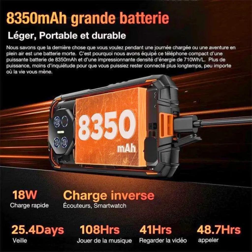 Doogee Fire 3 Max naranja robusto con batería 8350 mAh, módulo trasero con triple cámara y flash, puerto lateral reforzado y diseño resistente outdoor