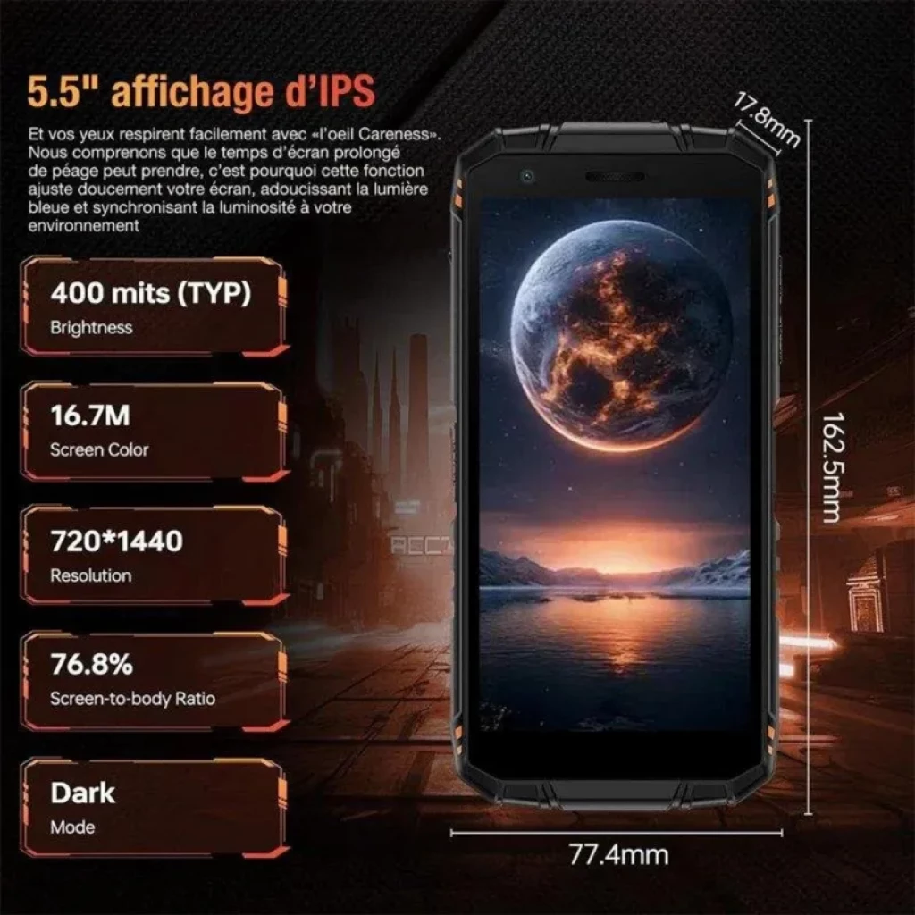 Doogee Fire 3 Max naranja, pantalla IPS 5.5 pulgadas 720x1440, brillo 400 nits, relación 76.8 %, modo oscuro, cuerpo robusto con bordes reforzados