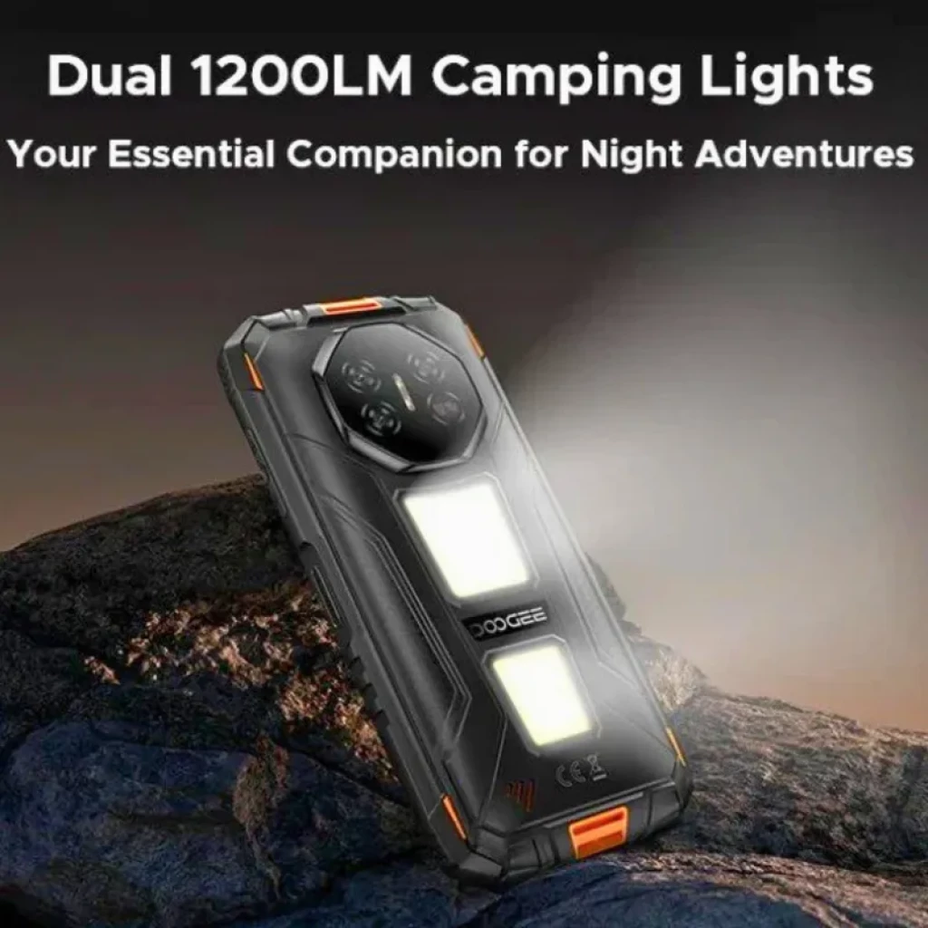 Doogee Fire 3 Max 4G verde con doble linterna LED 1200 lm, diseño robusto antigolpes, detalles en naranja y módulo trasero octogonal con múltiples lentes