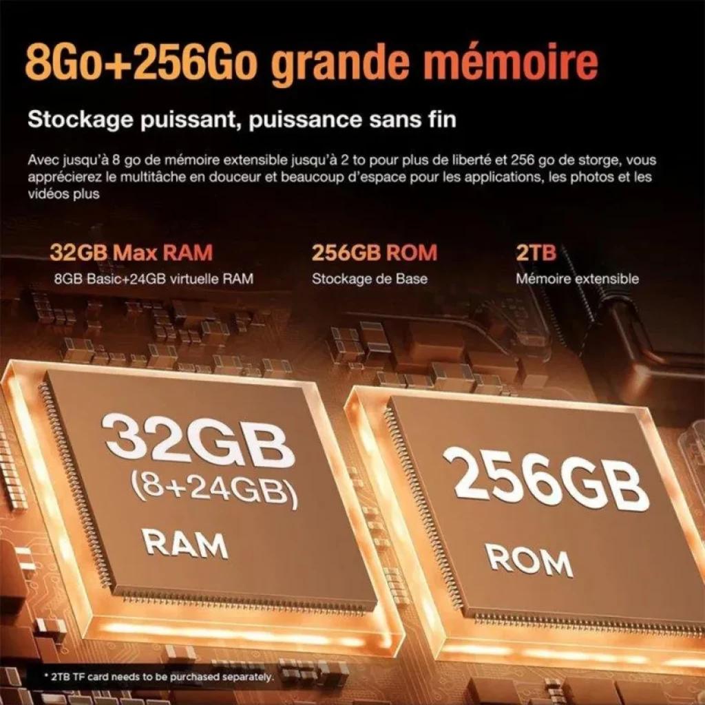 Módulos dorados de memoria con texto 32GB RAM 8+24 y 256GB ROM, resaltando gran capacidad y expansión hasta 2TB; diseño tecnológico con brillo naranja.