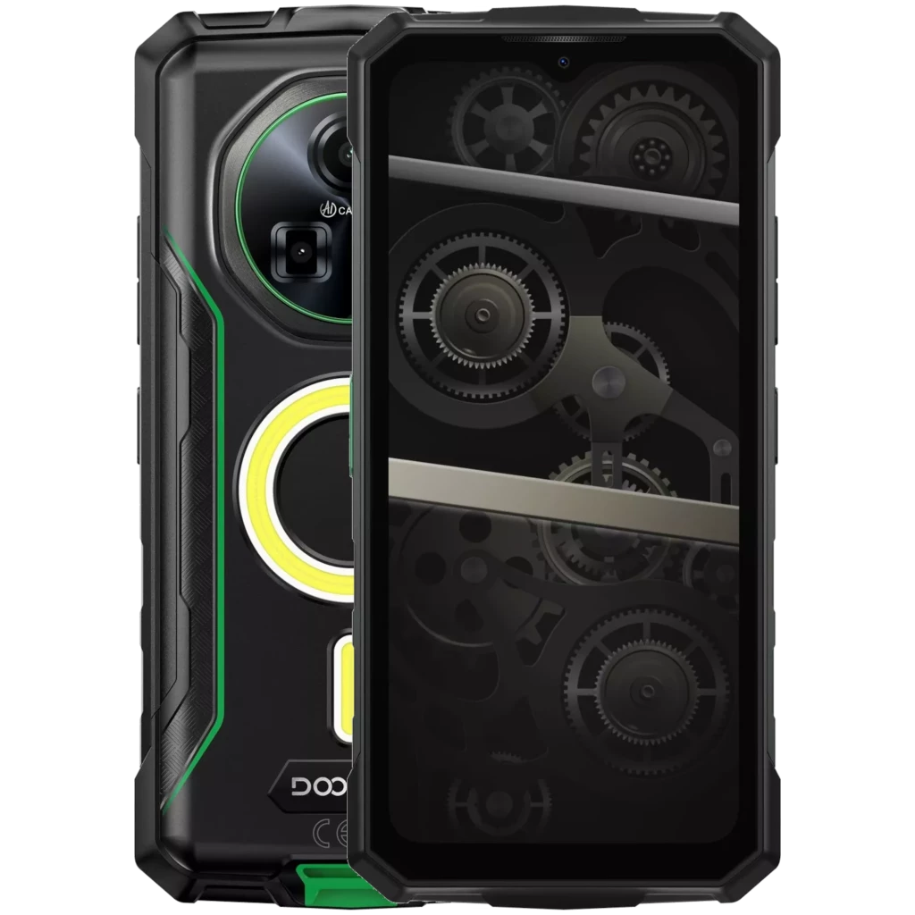Doogee Fire 5 Ultra verde com design robusto, moldura preta, detalhes em verde e amarelo, módulo traseiro circular e ecrã frontal com padrão de engrenagens