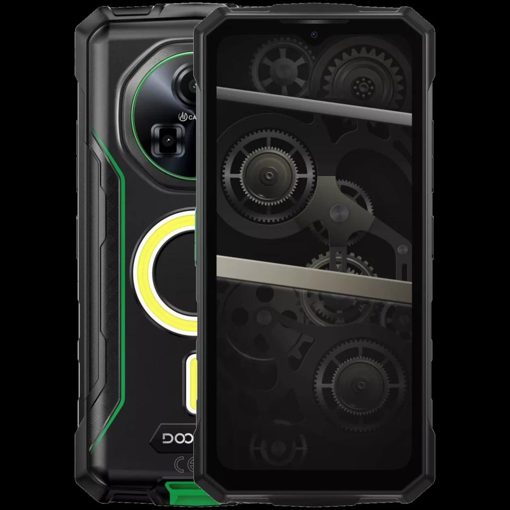 Doogee Fire 5 Ultra verde com design robusto, moldura preta, detalhes em verde e amarelo, módulo traseiro circular e ecrã frontal com padrão de engrenagens