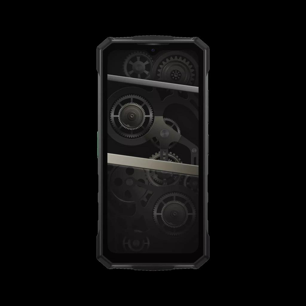 Doogee Fire 5 Ultra verde com ecrã frontal ligado exibindo engrenagens metálicas; estrutura robusta com cantos reforçados e botão lateral em destaque