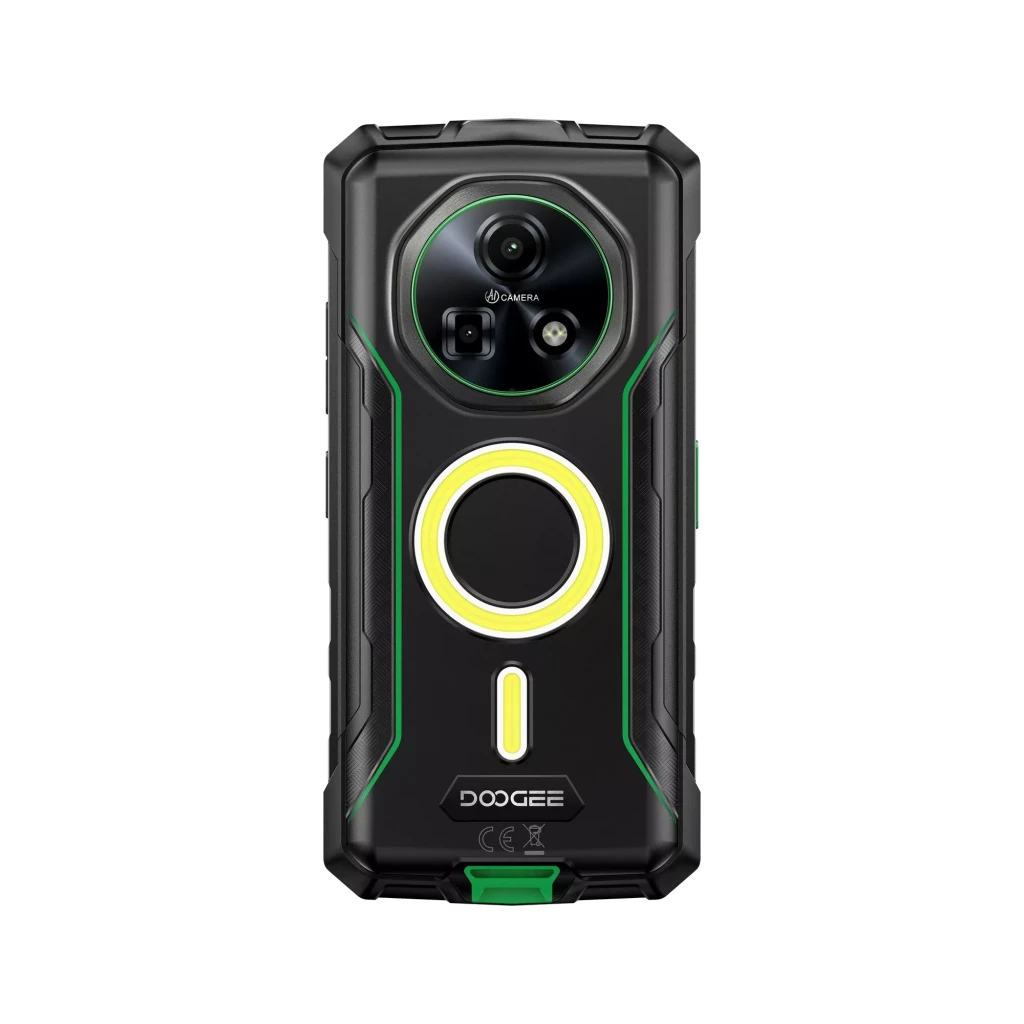 Doogee Fire 5 Ultra verde com módulo traseiro robusto, anel luminoso central amarelo, detalhes em verde e preto, design resistente e câmeras destacadas