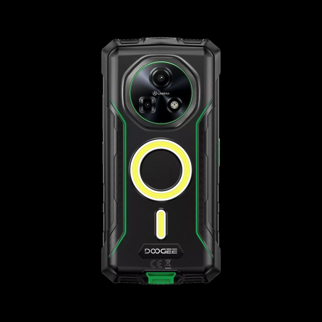 Doogee Fire 5 Ultra verde com módulo traseiro robusto, anel luminoso central amarelo, detalhes em verde e preto, design resistente e câmeras destacadas