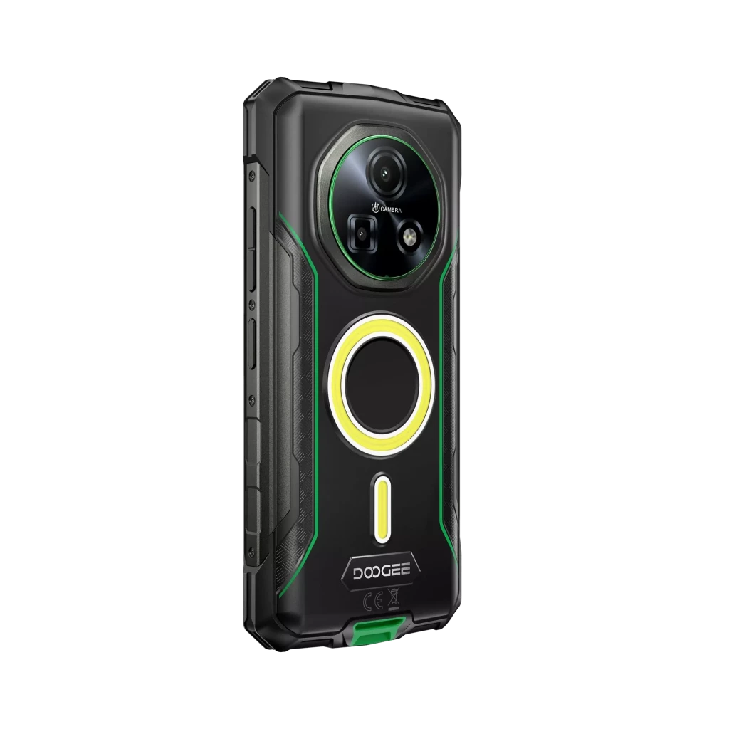 Lanterna de campismo verde integrada em smartphone robusto Doogee Fire 5 Ultra com aro luminoso circular e detalhes em preto e verde, design resistente