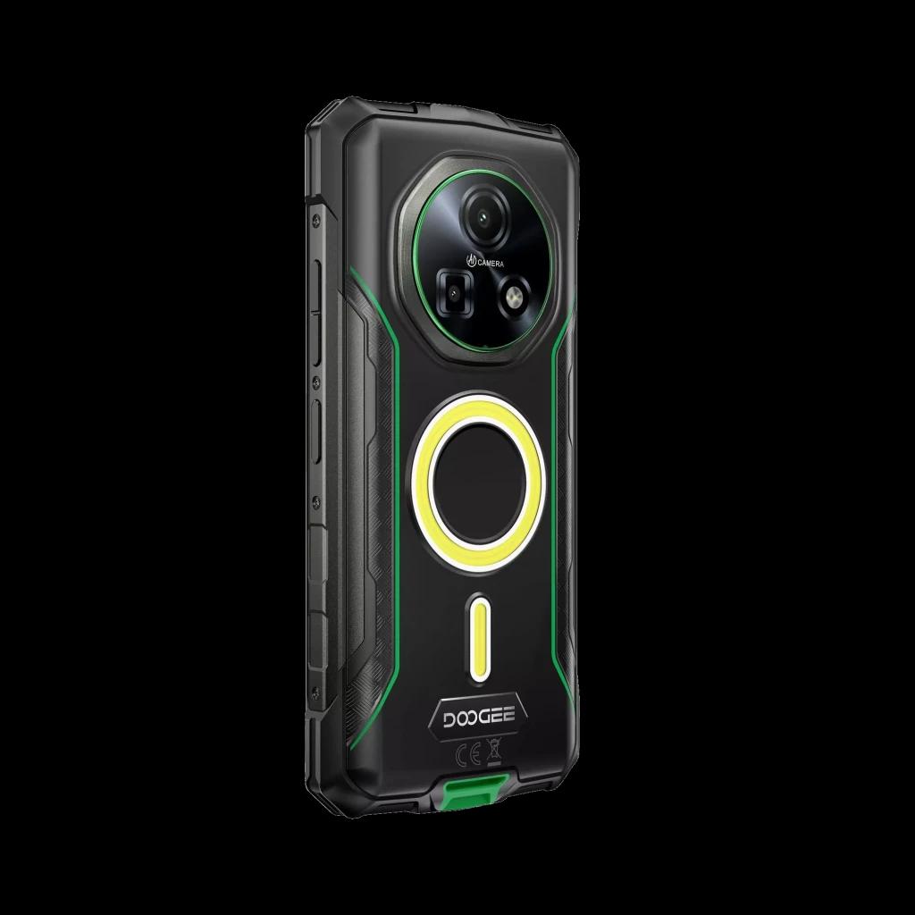 Lanterna de campismo verde integrada em smartphone robusto Doogee Fire 5 Ultra com aro luminoso circular e detalhes em preto e verde, design resistente