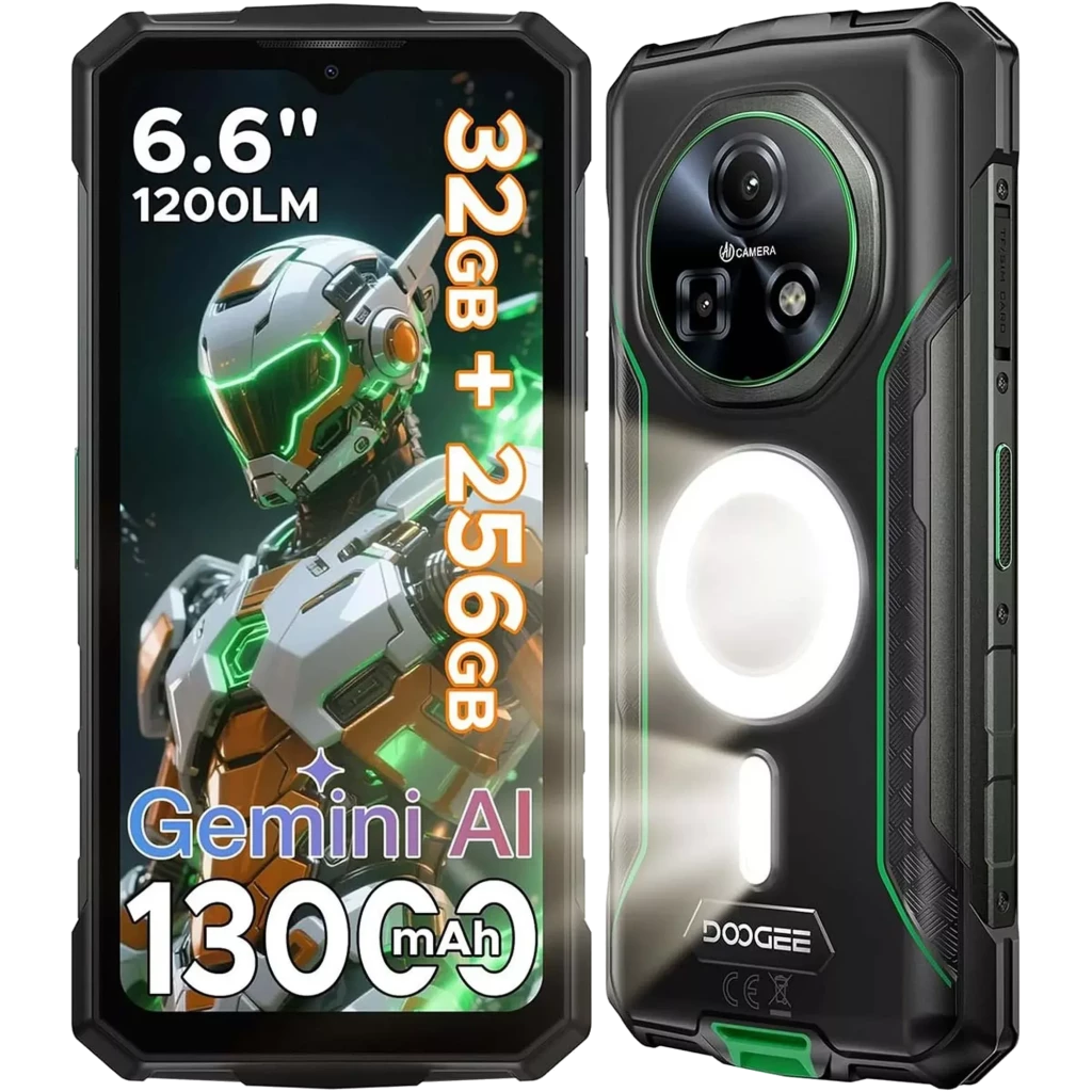 Doogee Fire 5 Ultra verde com corpo robusto preto, detalhes em verde, tela 6.6, câmera traseira circular tripla e lanterna LED grande integrada