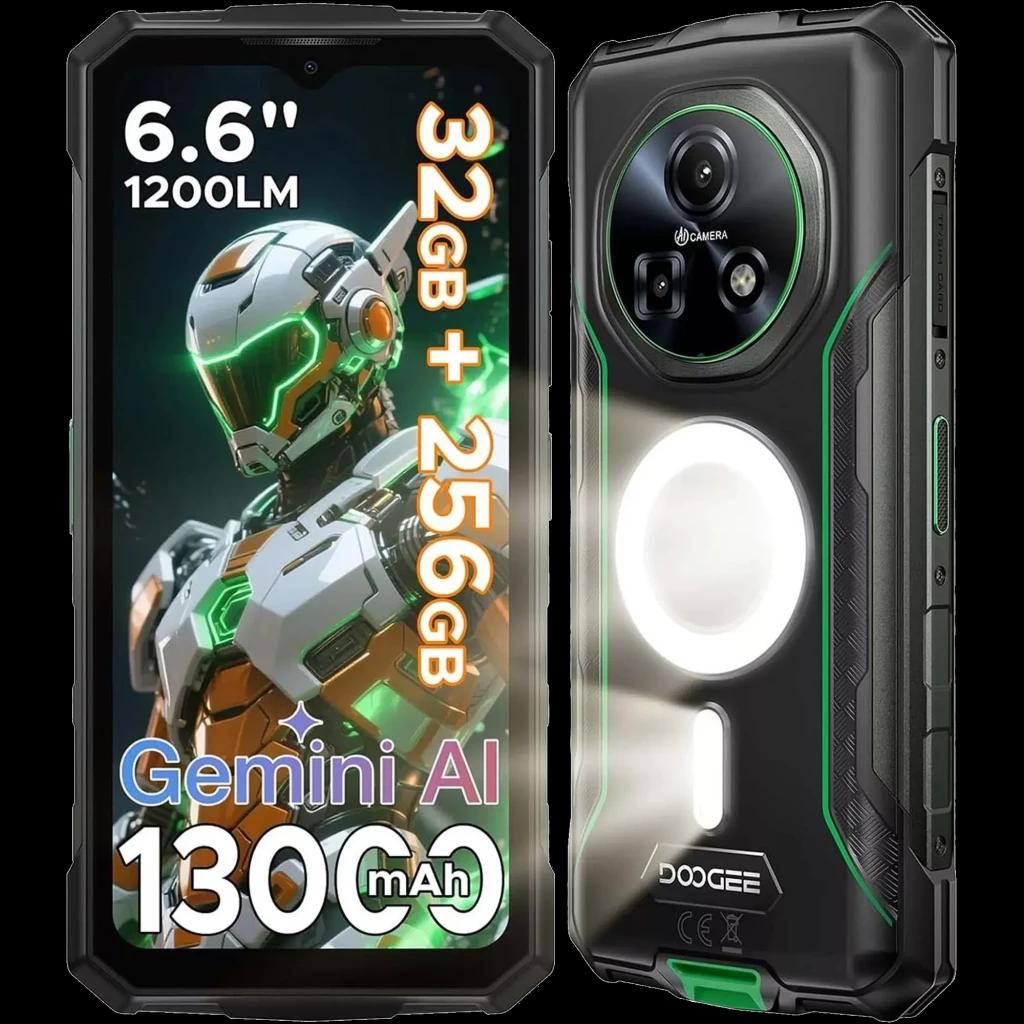 Doogee Fire 5 Ultra verde com corpo robusto preto, detalhes em verde, tela 6.6, câmera traseira circular tripla e lanterna LED grande integrada