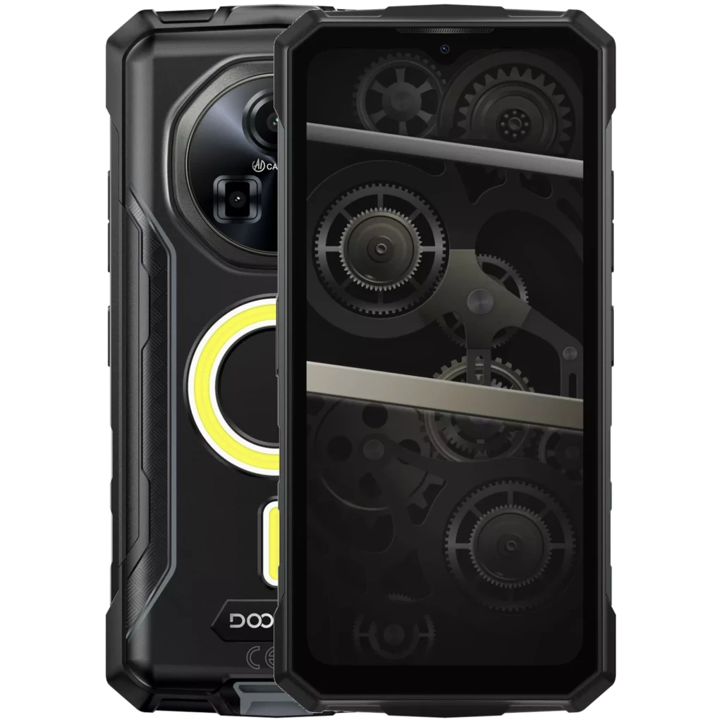 Doogee Fire 5 Ultra 256GB gris con cuerpo rugged negro, marcos reforzados, detalles amarillos, doble cámara trasera y pantalla frontal con diseño de