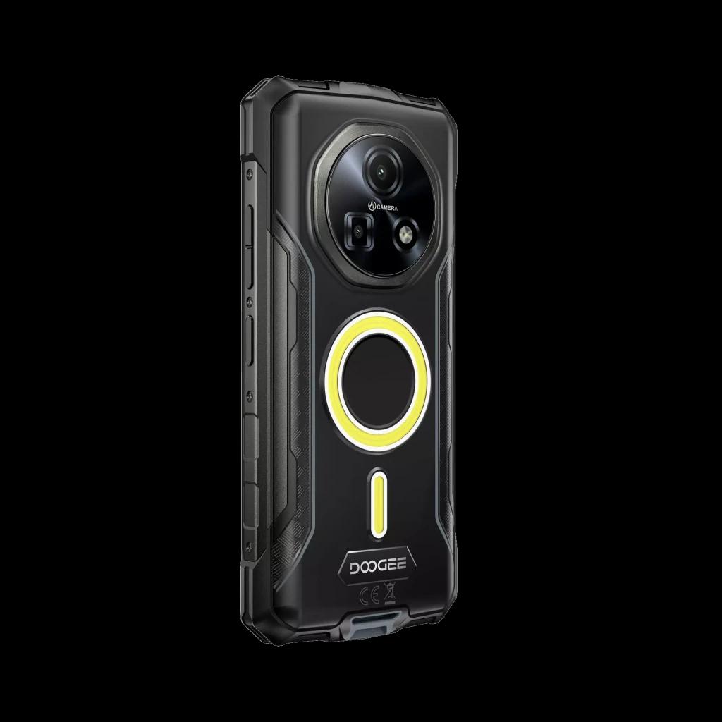Doogee Fire 5 Ultra gris resistente con pantalla 6.6 pulgadas, aro de luz trasero, triple cámara circular, 8GB RAM, 256GB, detalles robustos y LED brillante
