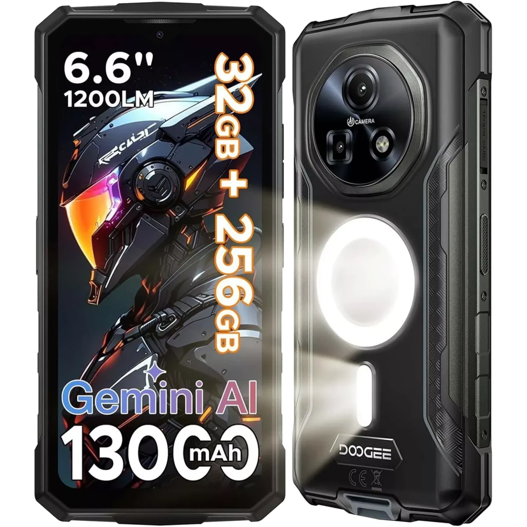 Doogee Fire 5 Ultra 256GB gris con cuerpo rugerizado negro, anillo amarillo trasero, cámara circular triple y bordes reforzados para mayor resistencia
