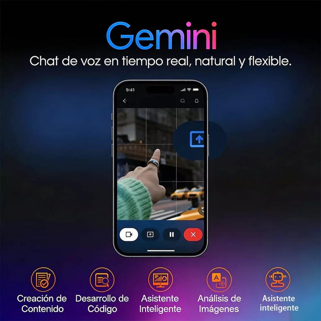 Tela de smartphone exibindo app de IA Gemini com chat por voz, análise de imagens e ícones coloridos; interface escura, foto urbana com táxi amarelo ao fundo