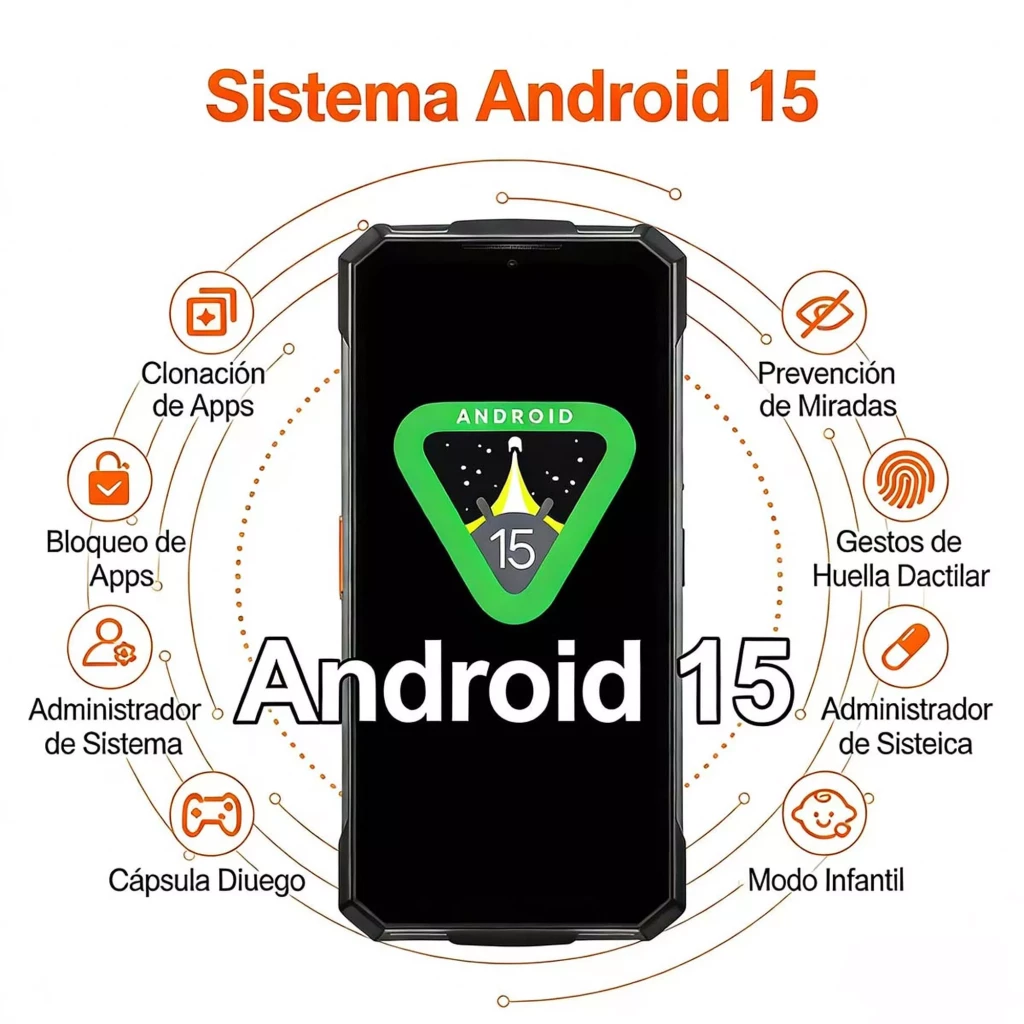 Doogee Fire 5 Ultra verde com Android 15 na tela, corpo robusto com cantos reforçados, ícones de recursos como bloqueio, clonagem de apps e modo infantil