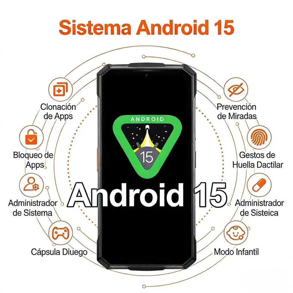 Doogee Fire 5 Ultra verde com Android 15 na tela, corpo robusto com cantos reforçados, ícones de recursos como bloqueio, clonagem de apps e modo infantil