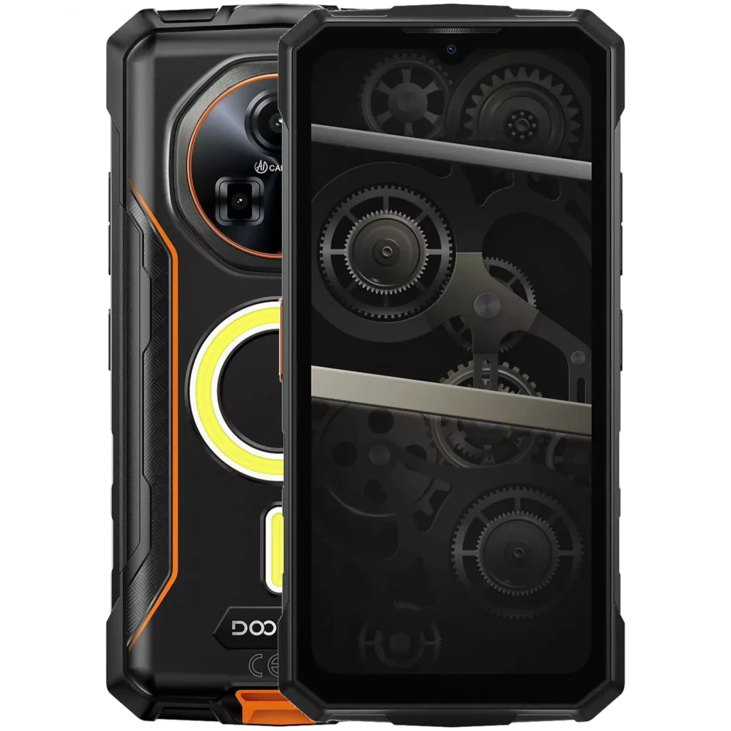 Doogee Fire 5 Ultra naranja rugerizado con bordes reforzados, módulo de cámara trasera grande, detalles en naranja y pantalla 6.56 pulgadas con patrón de