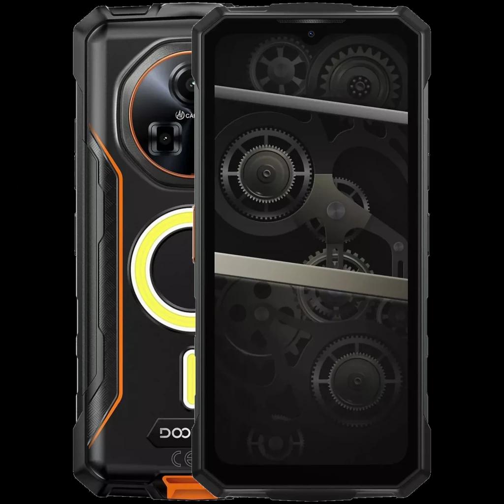 Doogee Fire 5 Ultra naranja rugerizado con bordes reforzados, módulo de cámara trasera grande, detalles en naranja y pantalla 6.56 pulgadas con patrón de