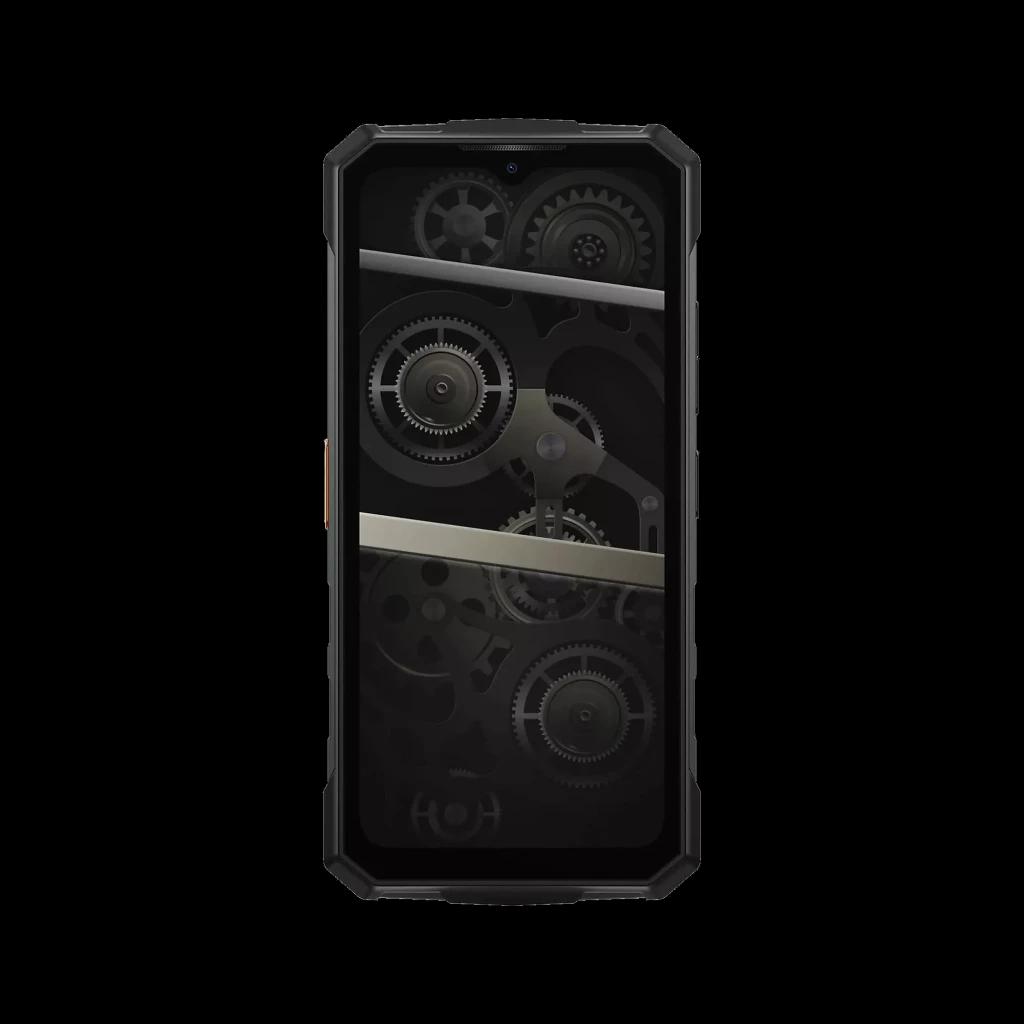 Doogee Fire 5 Ultra naranja con pantalla 6.56 pulgadas, marco robusto negro y botón lateral naranja; frontal encendido mostrando engranajes en la pantalla