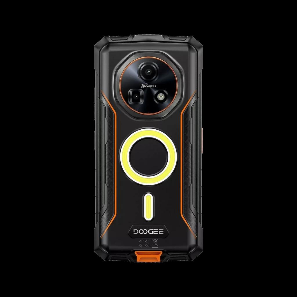 Doogee Fire 5 Ultra naranja con diseño robusto, aro luminoso trasero, triple cámara circular y detalles en negro y naranja; módulo central destacado