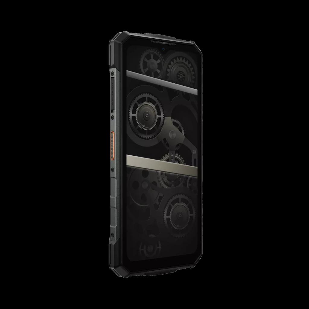 Doogee Fire 5 Ultra 256GB naranja con cuerpo rugerizado negro, botones laterales, pantalla 6.56 con diseño interno tipo engranajes visibles