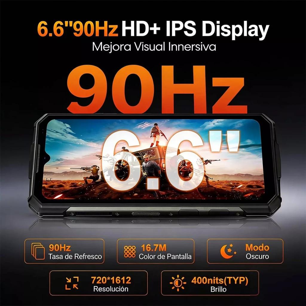 Tela IPS HD 6,6 pol com taxa de 90 Hz, 16,7M cores, resolução 720x1612 e brilho 400 nits TYP; modo escuro destacado no display robusto