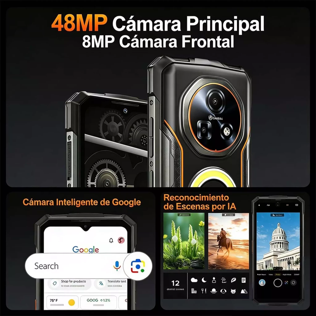 Doogee Fire 5 Ultra verde com módulo circular de câmeras 48MP e 8MP, design robusto com detalhes laranja, tela com IA e Google, 8GB RAM, 256GB, 13000 mAh