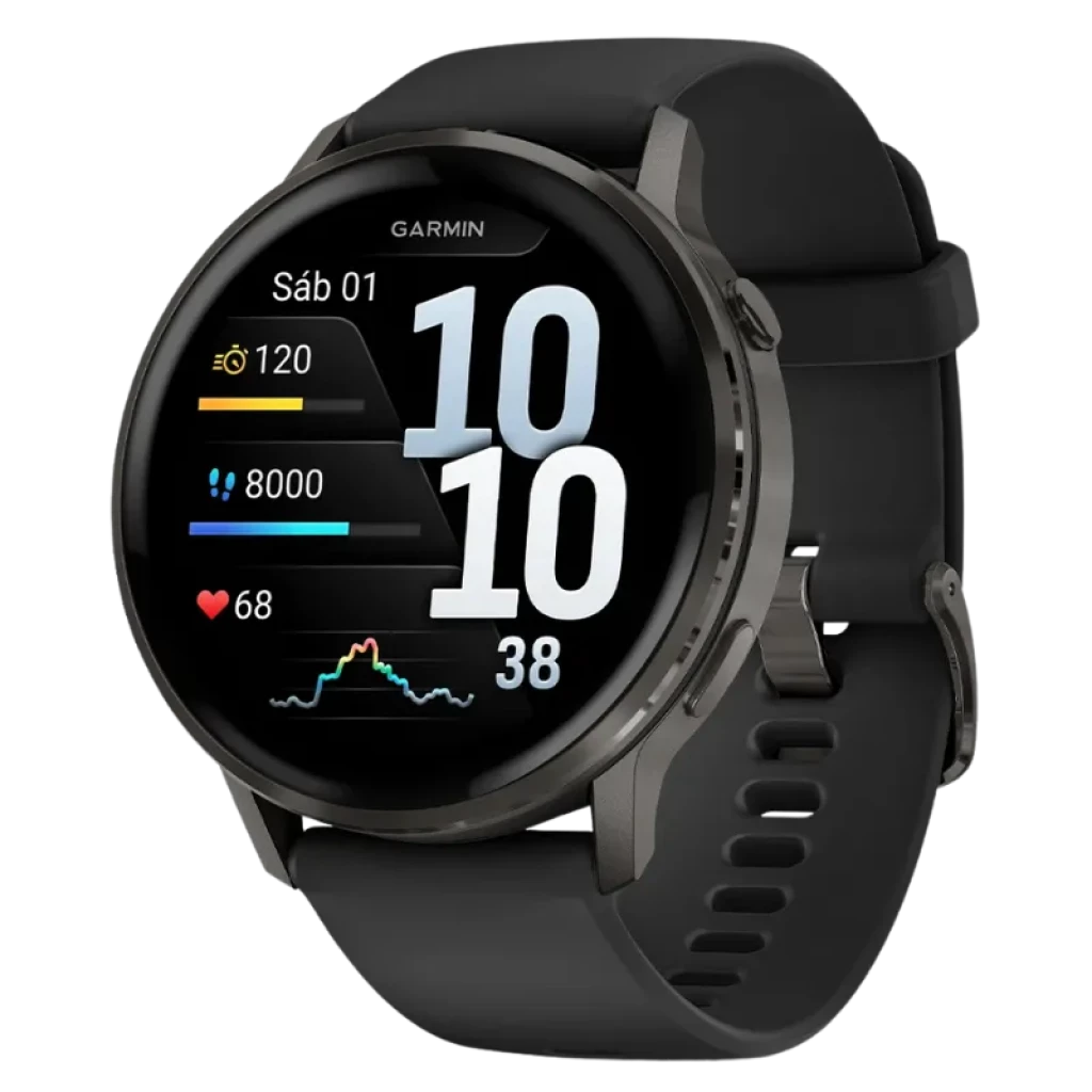 Garmin Venu 4 45 mm negro con correa de silicona negra, pantalla circular AMOLED con datos de salud y actividad, bisel oscuro, diseño deportivo elegante