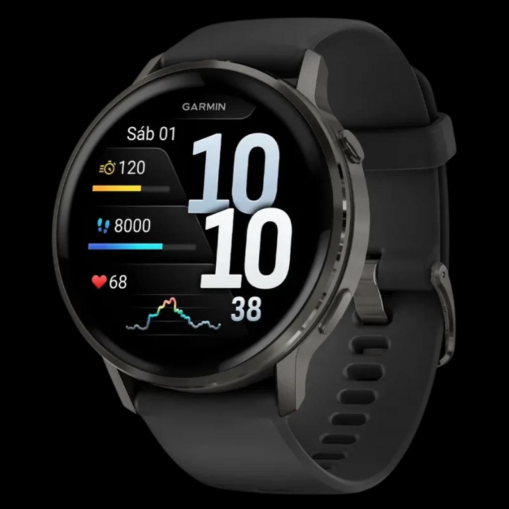 Garmin Venu 4 45 mm negro con correa de silicona negra, pantalla circular AMOLED con datos de salud y actividad, bisel oscuro, diseño deportivo elegante