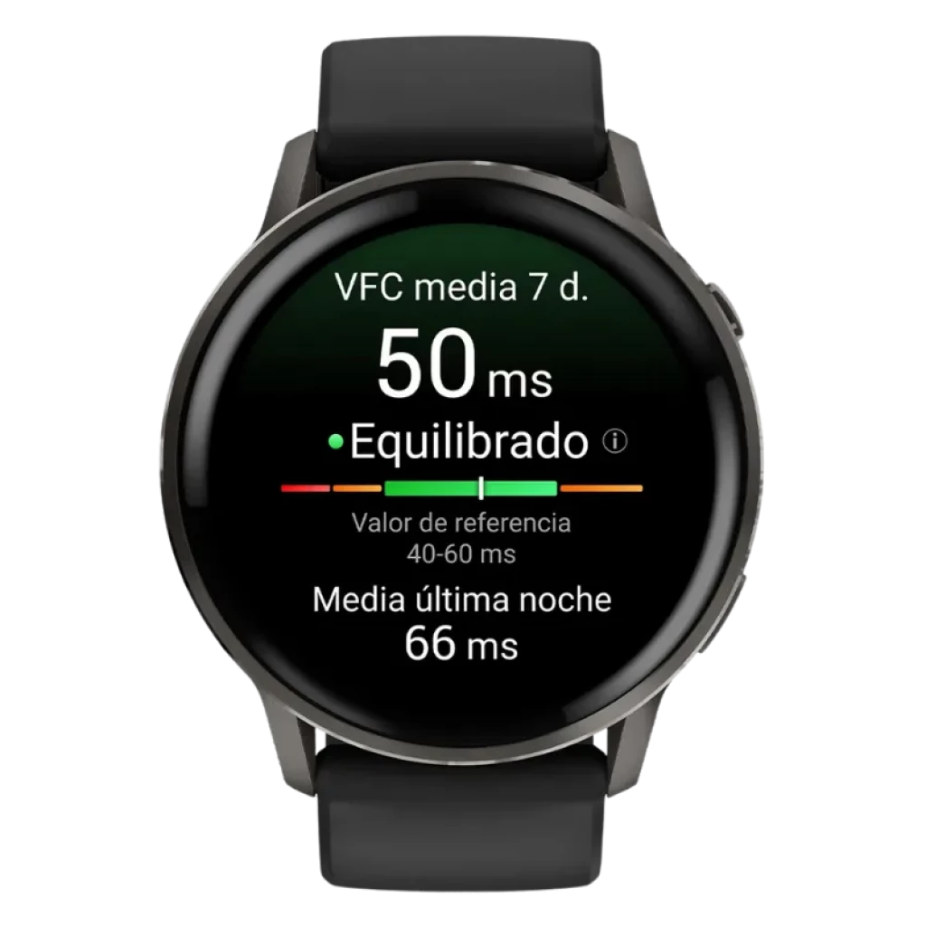 Garmin Venu 4 45 mm negro con pantalla circular, bisel metálico y correa de silicona negra; widgets de salud, ritmo cardíaco y modos de entrenamiento